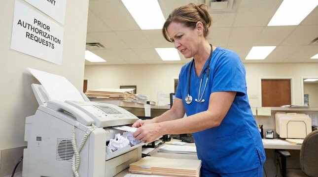 Nurse in blue scrubs uses a copier in a hospital office, focused and busy at work, conveying clinical efficiency and administrative healthcare routine