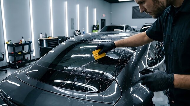 Worker applying window tint film to a car in a garage
