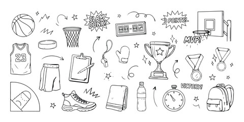 Naklejka premium Set of hand drawn basketball themed doodles and vector icons for sports design and school project illustrations
