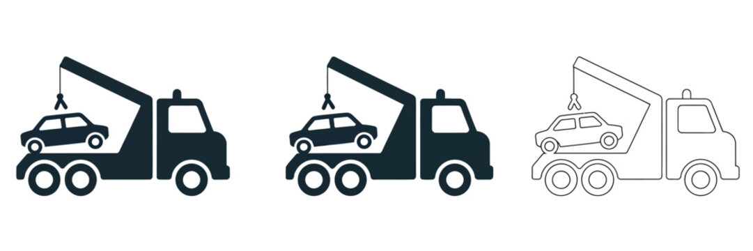 Roadside Assistance And Tow Truck Vector Icon Collection With Car Towing, Vehicle Recovery, Breakdown Service, Emergency Transport, Flatbed Carrier, Winch, And Auto Rescue Symbols, Modern Minimal Desi