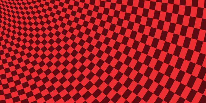 Red and black checkered pattern with a warped perspective creating a dynamic visual effect checkerboard grid squares tiles crimson
