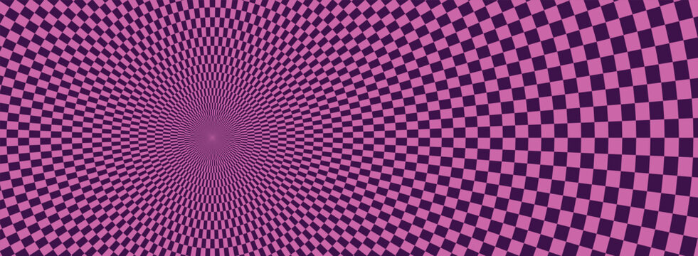 Purple and black checkerboard pattern with a warped converging perspective creates a tunnel illusion geometric distortion convergence radial abstract