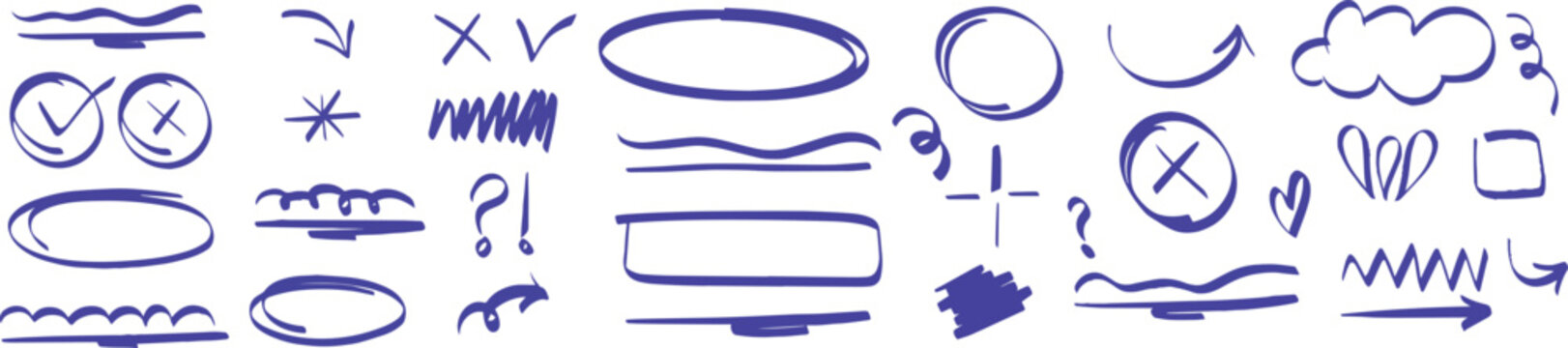 Hand drawn blue marker element set with arrows circles and underlines