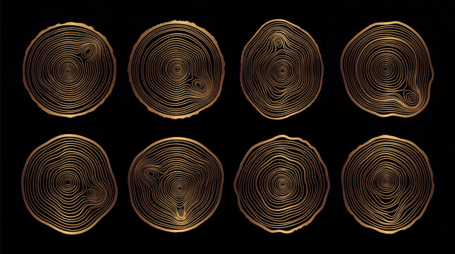 A collection of eight golden tree ring cross sections featuring intricate growth lines, isolated on a solid black background for a luxury nature design.
