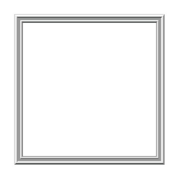 Silver square frame with a beveled edge rendered as a three dimensional object on a white background bevel render
