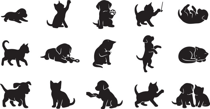 Set of black silhouettes of puppies and kittens in various poses, including playing, sitting, lying down, and interacting with humans