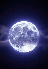 Naklejka premium A bright full moon shines brilliantly in the dark velvet night sky, casting a silver glow over soft clouds and distant twinkling stars, dark, bright, shine