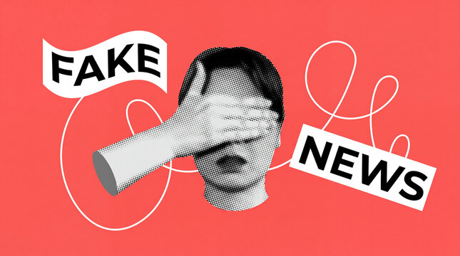 A conceptual collage illustration featuring a person covering their eyes with the text Fake News, representing media misinformation, deception, and ignorance.
