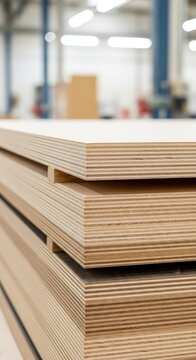 A detailed close up view of several stacked plywood sheets inside a bright construction workshop, showcasing natural wood grain and edges, wholesale, raw, edge