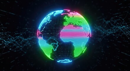 Naklejka premium A luminous neon globe featuring glowing continents floats within a vibrant digital space, representing global connectivity and technology, planet, business, international