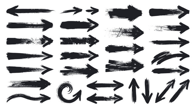 Collection of grunge brush stroke arrows pointing in various directions and styles for graphic design elements.