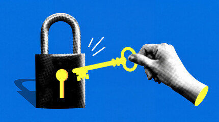 A halftone-style vector illustration of a hand inserting a yellow key into a black padlock against a vibrant blue background, symbolizing security and access. © thiago
