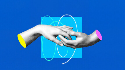 Surreal pop art collage featuring halftone styled hands reaching for each other against a vibrant blue background with neon geometric rings and abstract shapes. © thiago