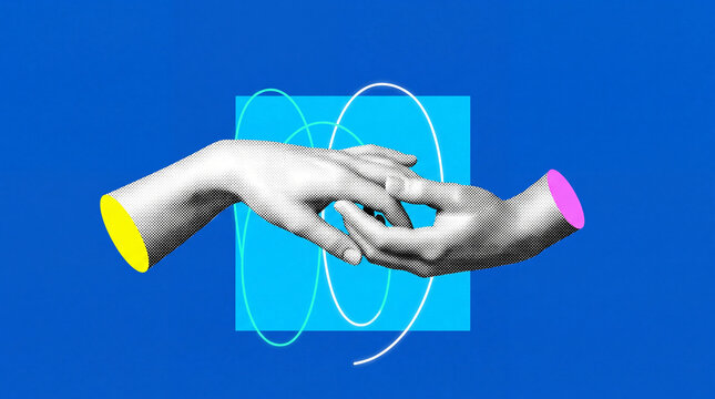Surreal pop art collage featuring halftone styled hands reaching for each other against a vibrant blue background with neon geometric rings and abstract shapes.