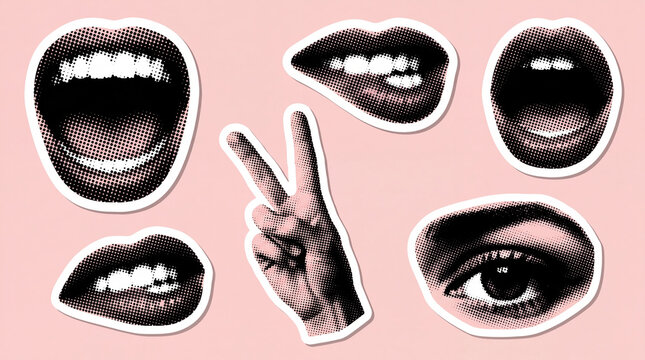 A set of vintage-inspired halftone stickers featuring various facial expressions, lips, an eye, and a peace hand sign on a soft pink background.