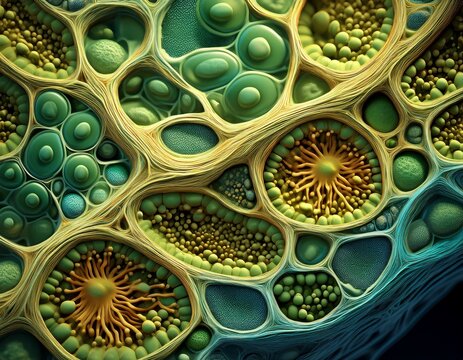 microscopic view of plant cells showcasing intricate cell walls and chloroplasts filled with chlorophyll