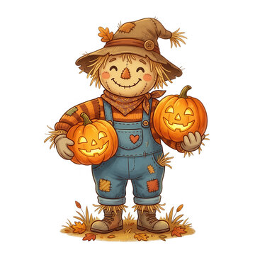 Cute scarecrow with pumpkins in autumn field holding a rake