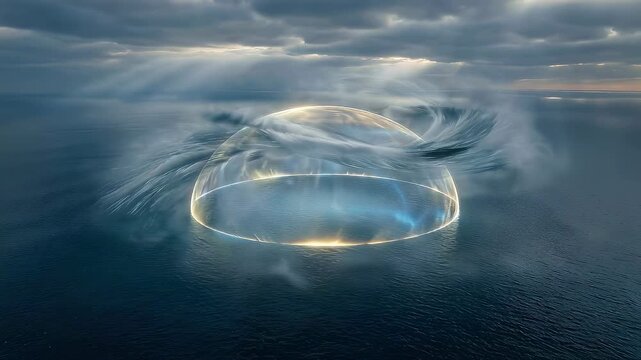 Luminous dome of firmament emerging from chaotic ocean waters. Biblical creation of world and separation of sky from sea. Genesis cosmic event at twilight.