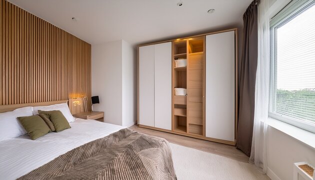 background for product presentation mock ups with modern bedroom interior featuring white walls and wooden wardrobe with sliding doors