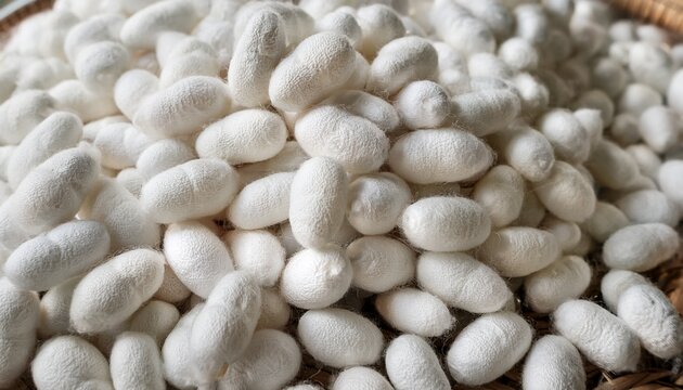 white silkworm cocoons pile clean surface natural silk production