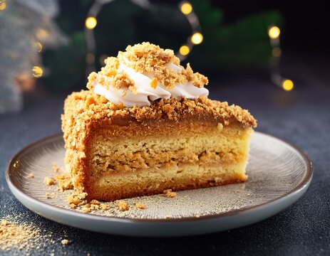 golden crumb cake slice served with delicious topping