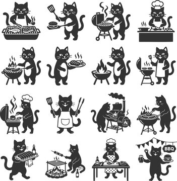 Black and white cat chef vector character icons for barbecue restaurant menu