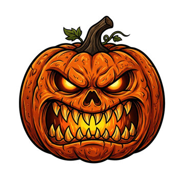 Halloween pumpkin with spooky carved face and crow on top