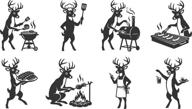 Deer grill master character set for summer barbecue party vector graphics