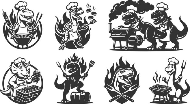 Dinosaur chef mascot set grilling meat for barbecue party vector illustration