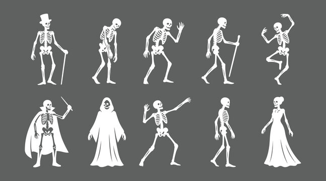 Collection of white skeleton silhouettes in various poses and costumes on gray background