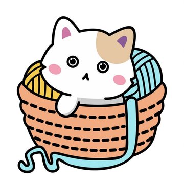 Cat in basket with yarn balls - hand drawn animation on white background.
