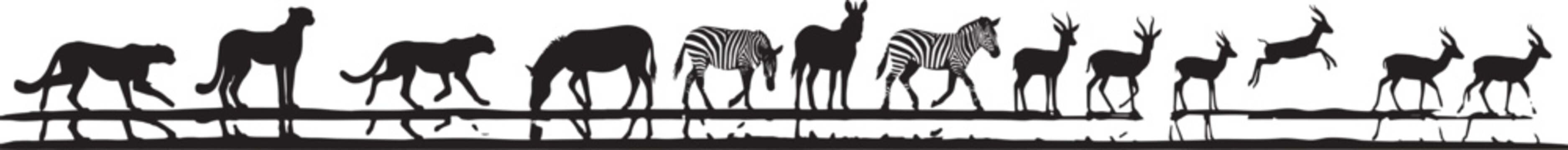 Black silhouette border of african wildlife including cheetahs, zebras, and antelopes standing on a horizontal ground line