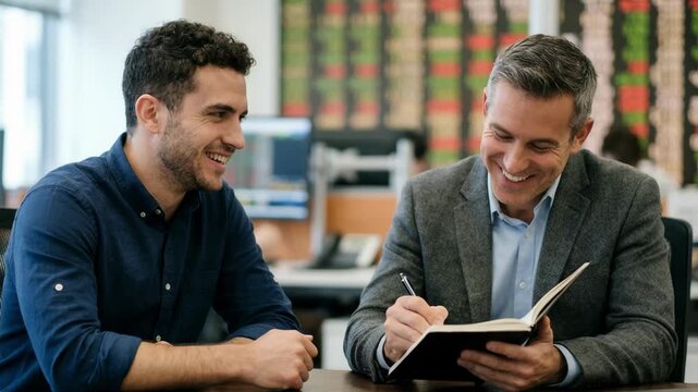 Engaged active trader receiving leverage explanations from broker focused view capturing animated exchange with blurred stock ticker display behind.