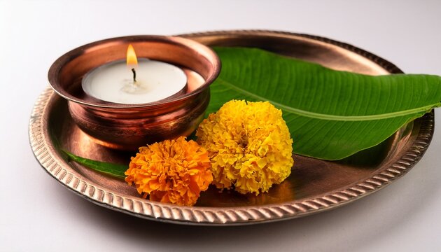traditional puja plate with bilva leaves marigold flower and oil lamp