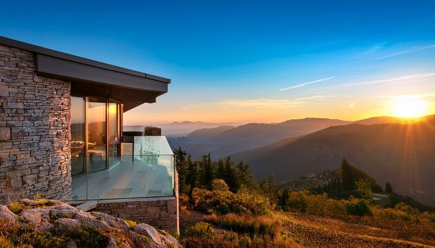 modern house with stone facade and glass windows overlooks serene mountain range at sunrise
