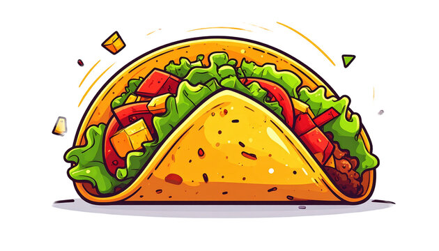 A vibrant cartoon style illustration of a single hard shell taco filled with fresh le 1