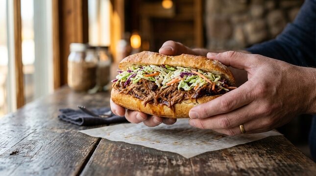 Carolina style pulled pork topped with tangy coleslaw hero eye-level