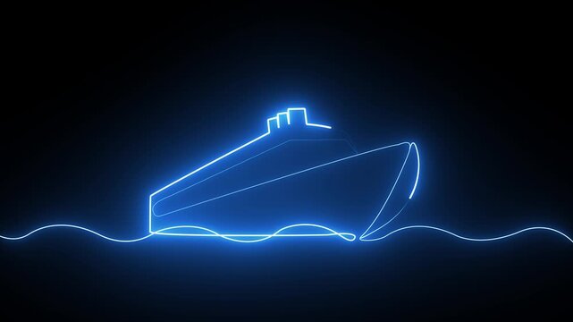 Neon blue outline of a cruise ship sailing on the ocean waves against a dark black background