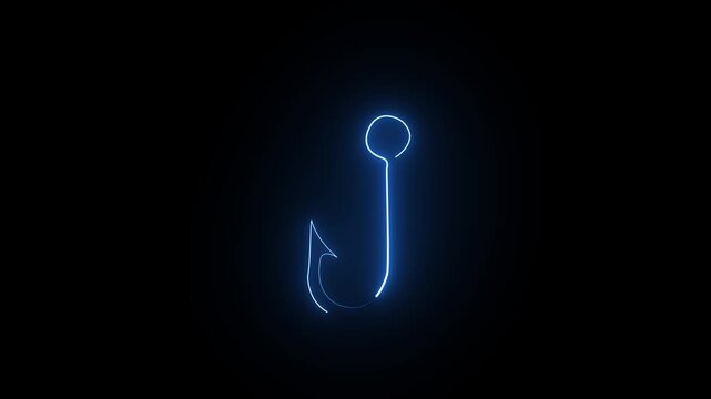 Glowing blue neon fishing hook icon on a dark black background