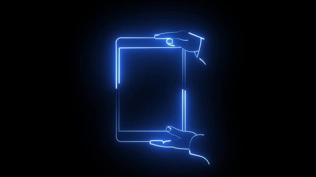 Neon blue outline of human hands holding a digital tablet device on a dark black background