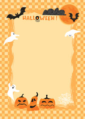 Fototapeta premium Halloween frame template with bats, ghosts, pumpkins, moon. Cartoon objects on tartan check background and copy space with grunge edges. Vector vertical border for posters, photos, invites, flyer.