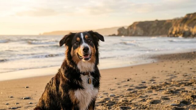 english shepherd close up at beach in england during golden light video