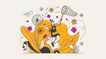 Obraz premium Cheerful Woman Catching Flying Gift Boxes with Net near Dandelion Flowers for Reward and Incentive