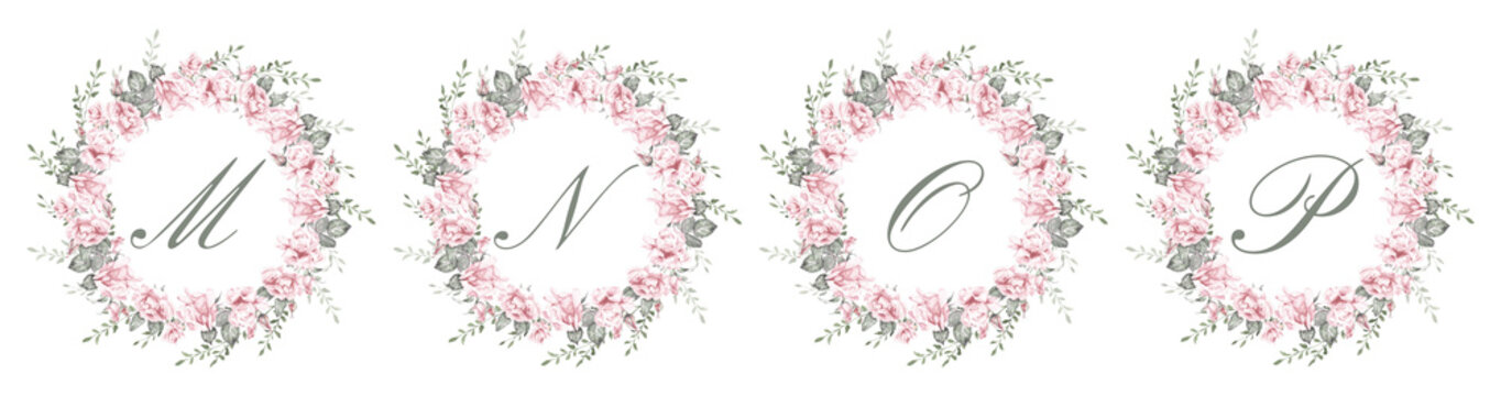 Watercolor floral alphabet set featuring the letters M, N, O and P surrounded by elegant pink rose wreaths and delicate greenery. Romantic botanical monograms for wedding invitations, branding and sta