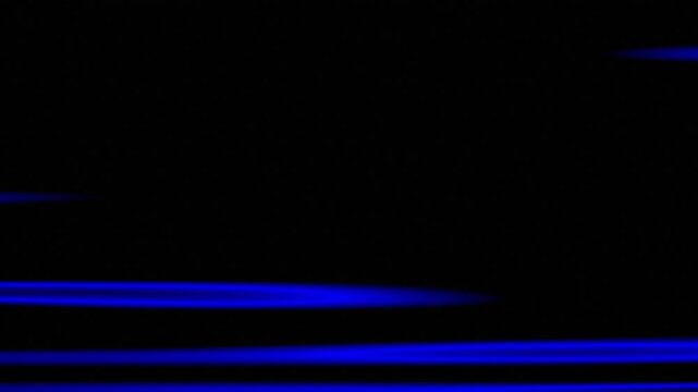Blue neon light streaks moving across dark background. Abstract horizontal lines showing speed and motion