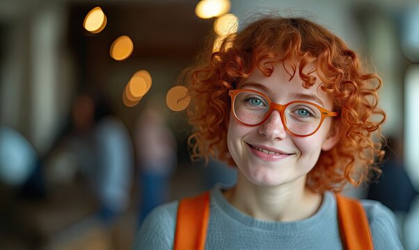 Smiling young woman with curly red hair wearing orange glasses student development