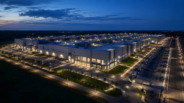 AI Data Center Campus Illuminated at Night