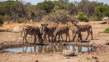 Obraz premium Zebras Drink Water at a Small Pond in a Dry Landscape During the Daytime