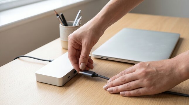 Hands plugging a USB-C cable into a silver docking station next to a closed laptop