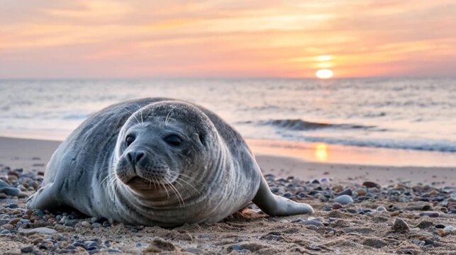 grey seal on beach at blakeney point england golden morning sunlight video
